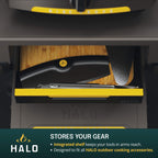 A product image of the HALO cart with feature labels highlighting the specialized gear storage
