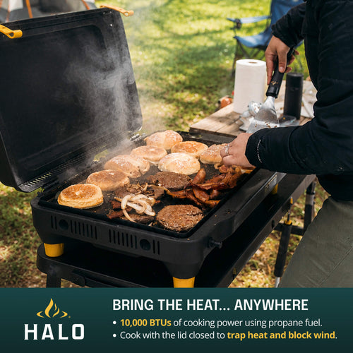 Person grilling food on a portable griddle outdoors from the HALO brand getaway griddle line