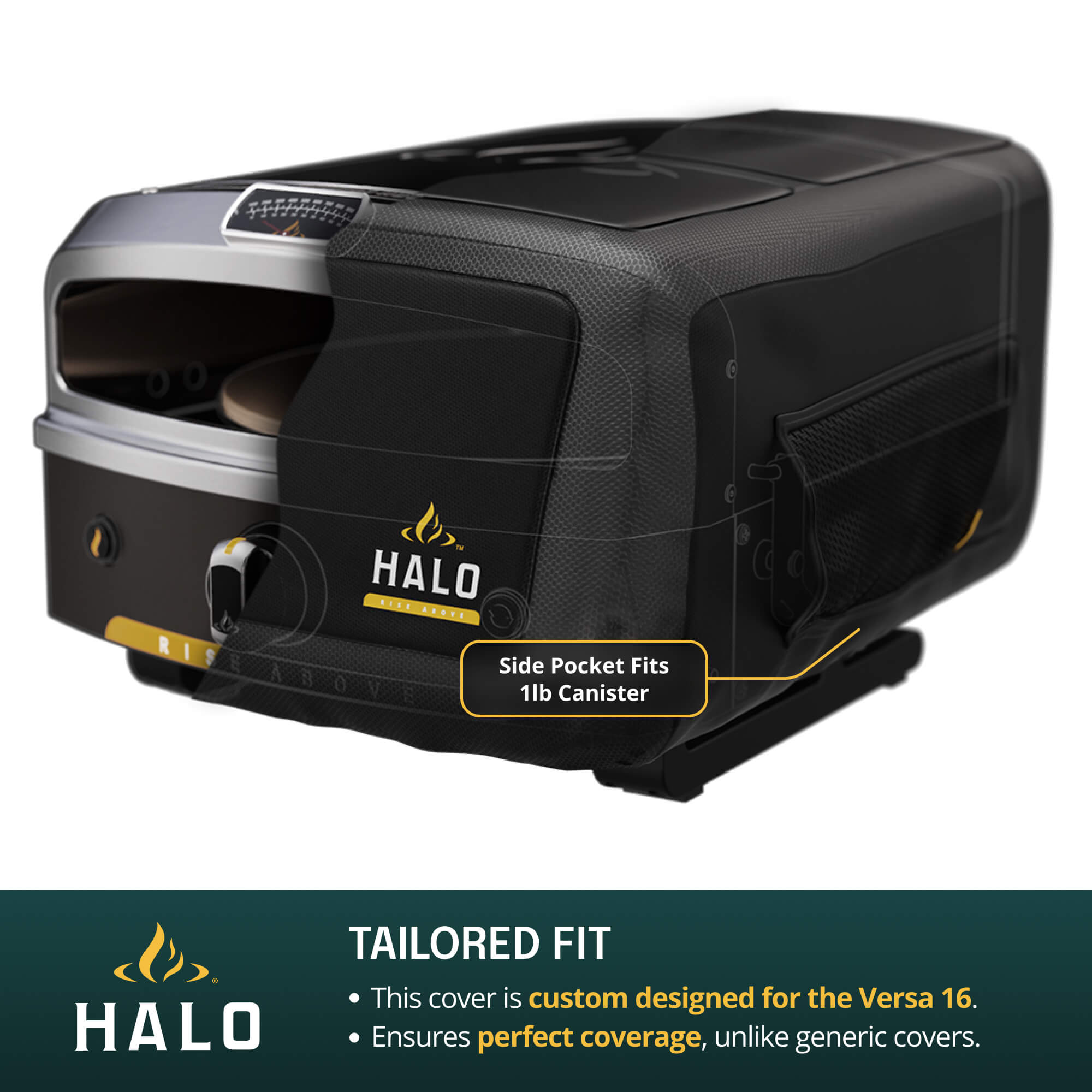 Infographic of the HALO Versa 16 Pizza Oven Cover featuring callouts for its tailored fit