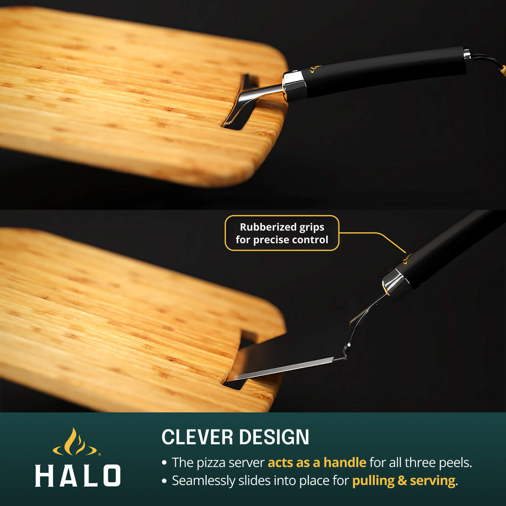 Pizza server with rubberized grips on a wooden board against a dark background, featuring the Halo brand.