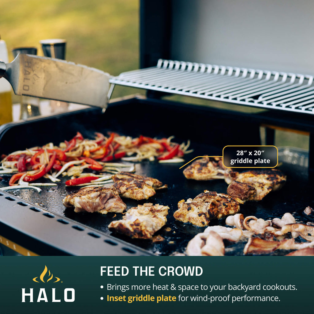 Food being cooked on a griddle, featuring callouts about the spacious inset griddle plate.