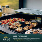 Food being cooked on a griddle, featuring callouts about the spacious inset griddle plate.