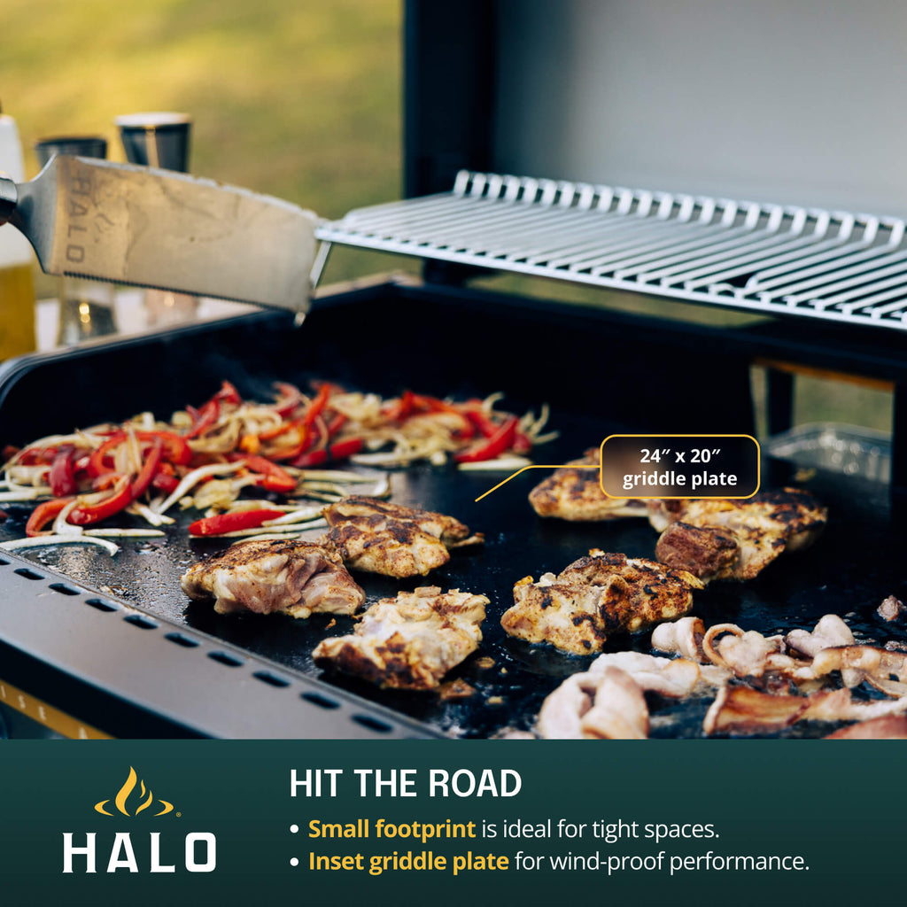 Food being cooked on a Halo griddle  featuring griddle plate callouts