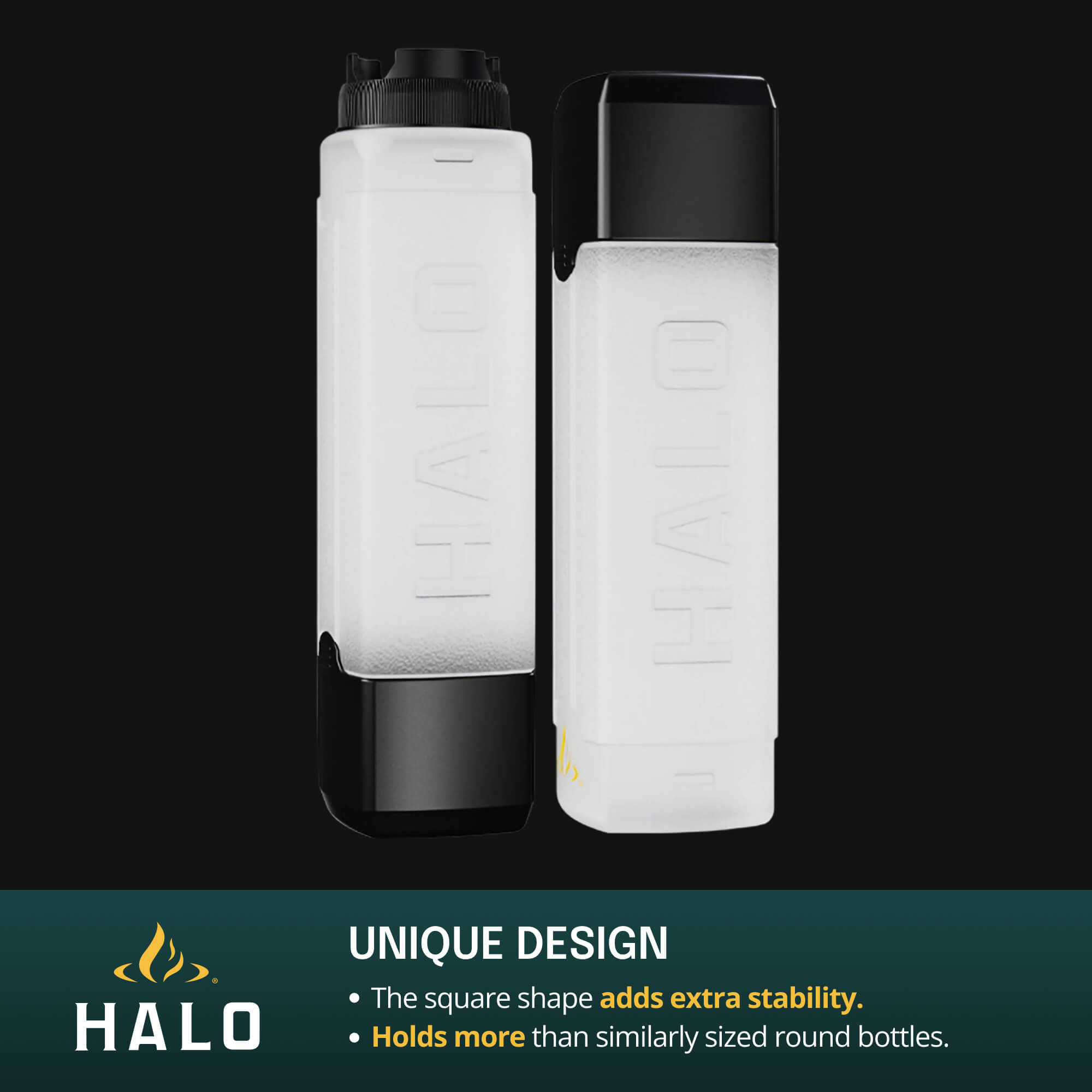 Two HALO square shaped squeeze bottles with a black background and product details.