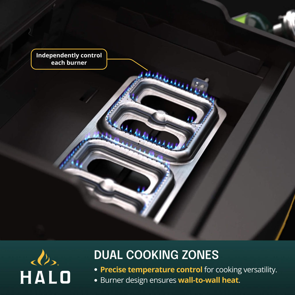 Close-up of independently controlled burners on a HALO griddle for multi-zone cooking.