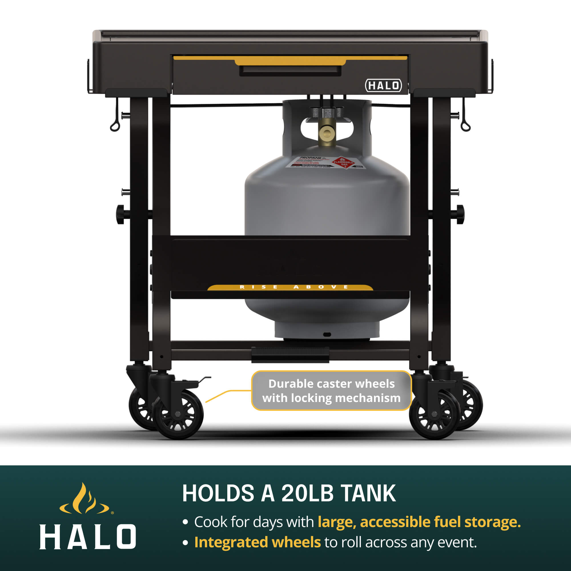 HALO outdoor cart with integrated wheels and large, accessible fuel storage