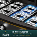 Close-up of Halo Elite 4B griddle burners feature callouts about cooking zones.