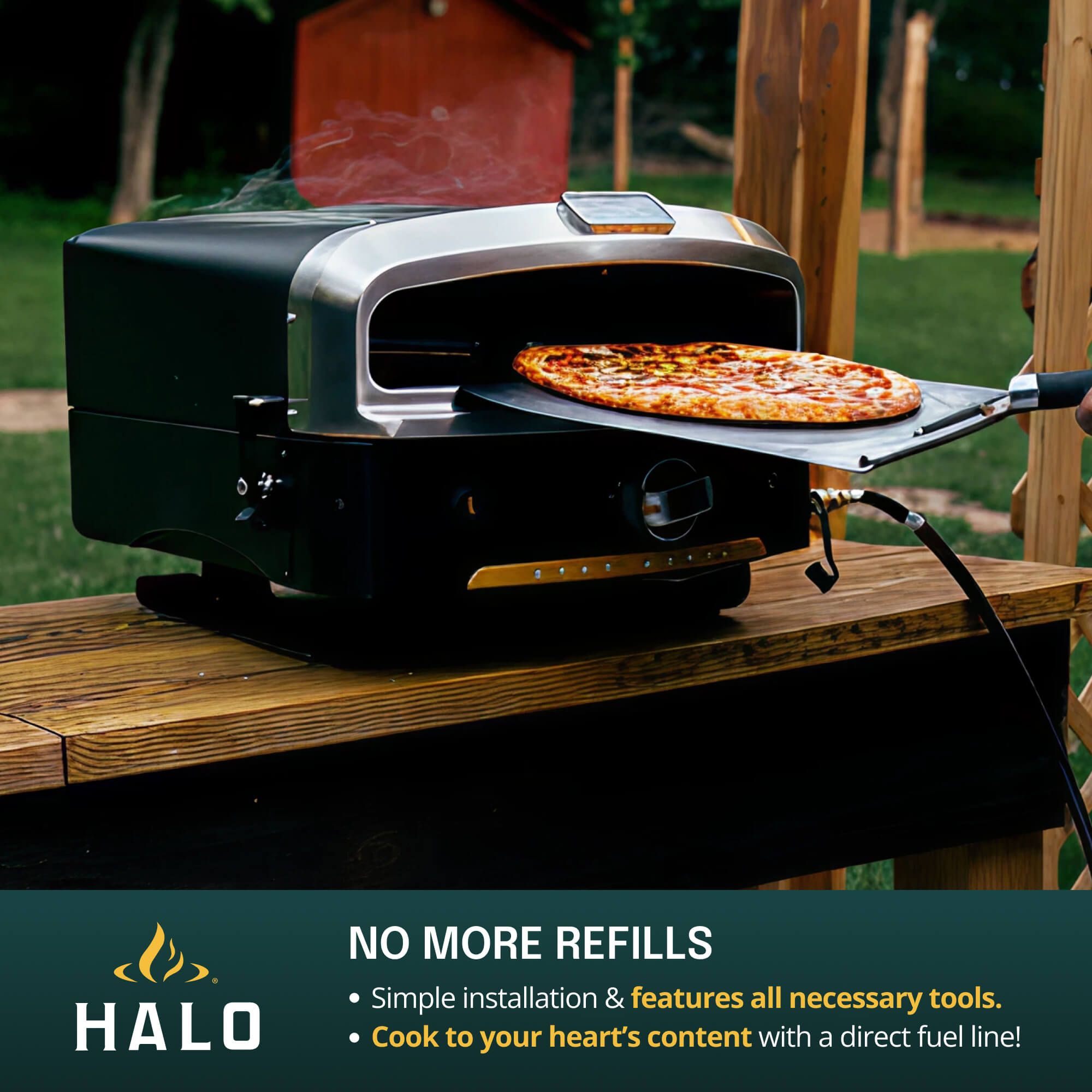 Removing a pizza from the HALO Versa oven with a metal peel, highlighting the direct fuel line conversion kit for propane-free use.