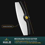 HALO Mezzaluna pizza cutter with stainless steel blade on a black background
