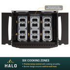 HALO griddle burner design highlighting six cooking zones for precise temperature control and wall-to-wall heat.