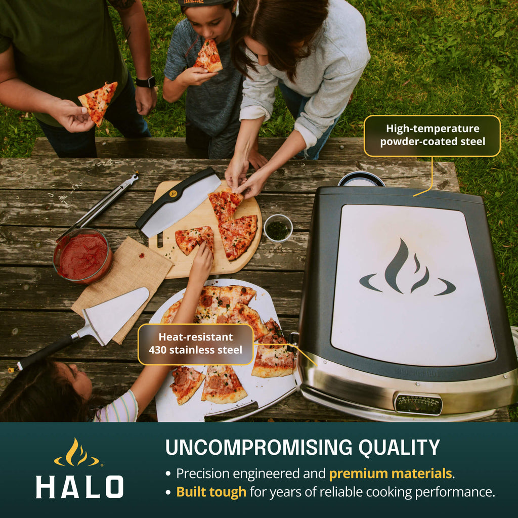Overhead shot of a family slicing fresh pizza next to the HALO Versa 16 pizza oven, featuring callouts