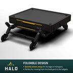 Collapsed HALO foldable griddle cart with wheels on a white background.