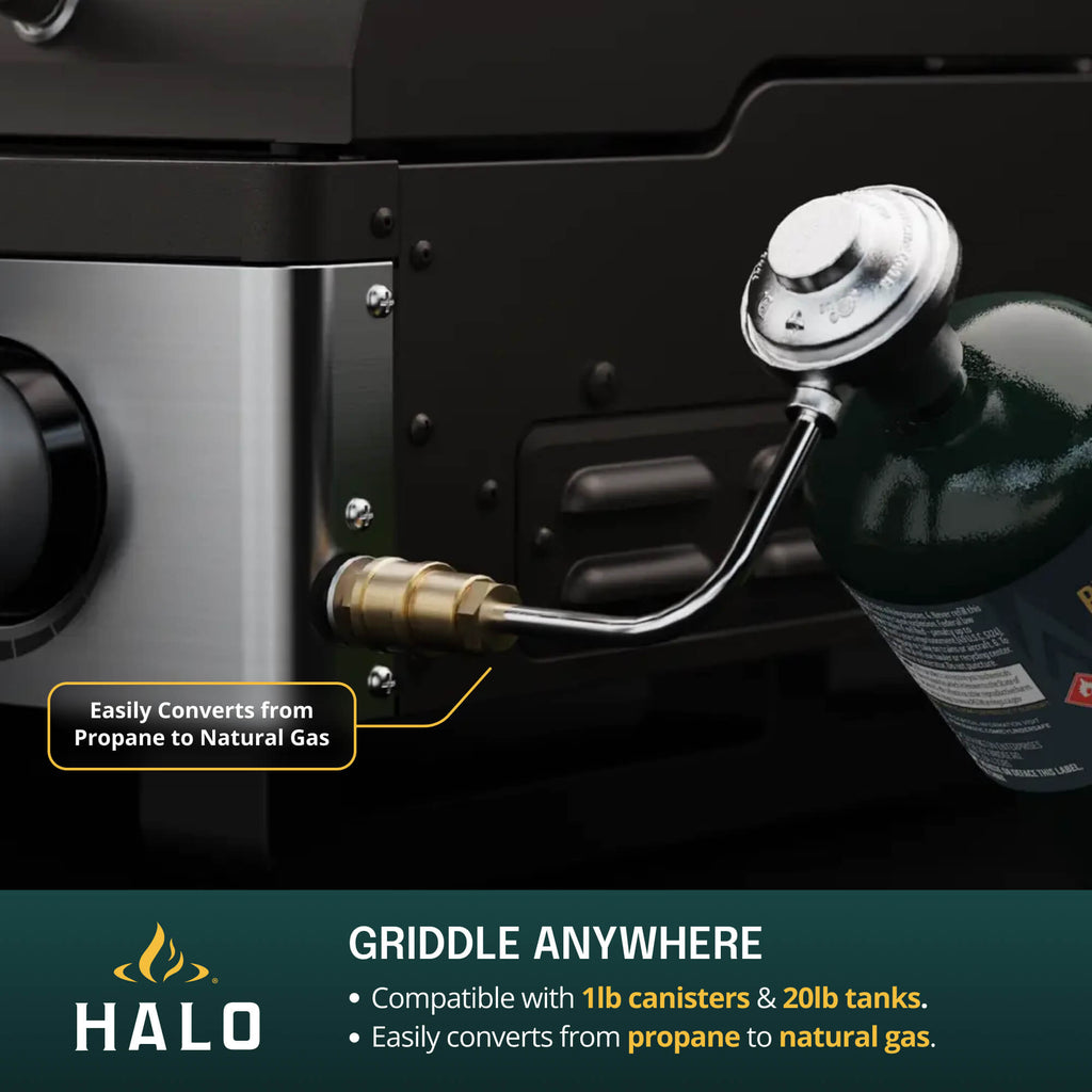 Close-up of HALO grill gas connection showing easy conversion to propane.