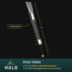 Pizza tongs with a stainless build feature, labeled 'HALO', on a black background.