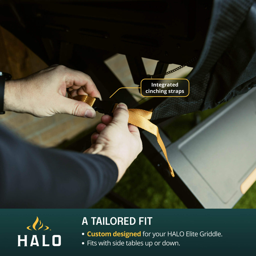 Person adjusting integrated cinching straps on a Halo Elite Griddle with close-up details.