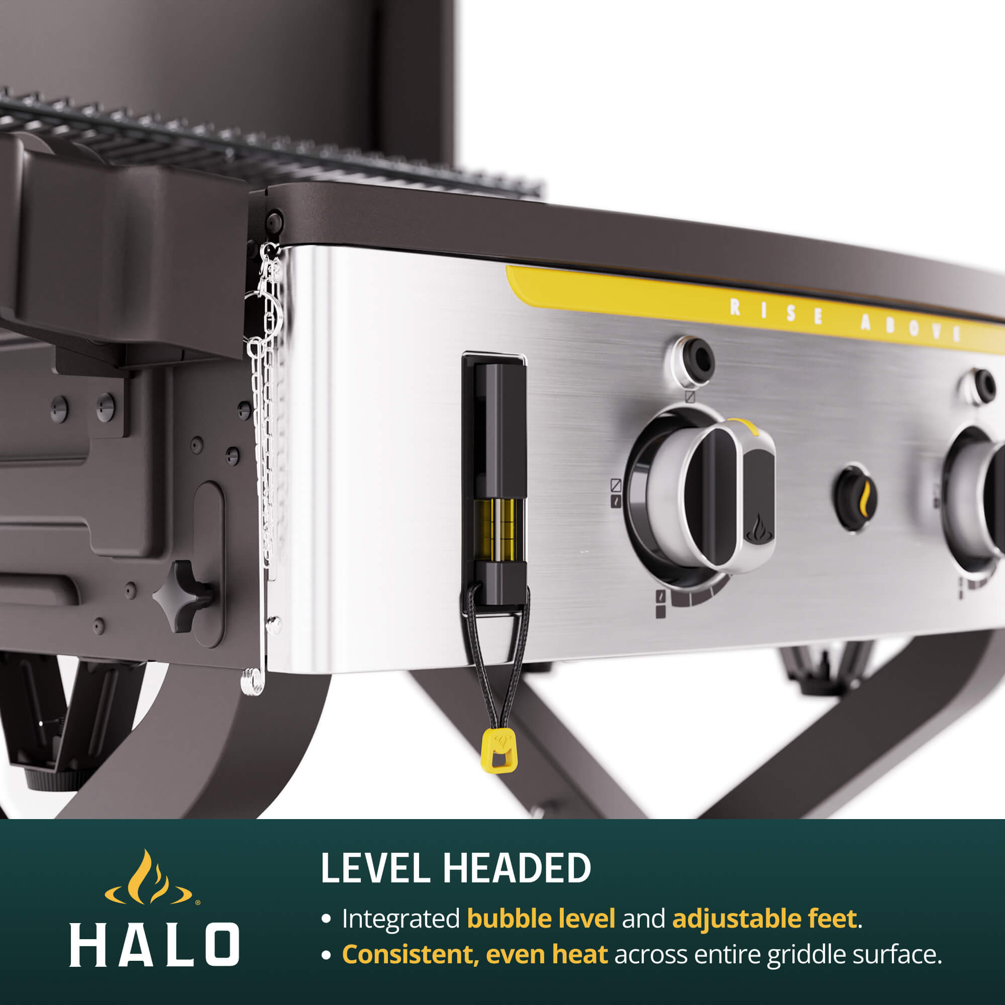 Close-up of a Halo griddle with bubble level and adjustable feet, on a white background.