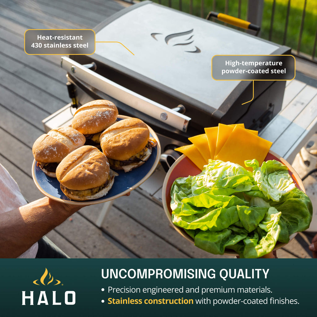 A person holding plates of burgers and toppings next to a closed HALO Elite 1B griddle, highlighting its premium stainless steel construction.
