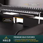 Closeup infographic of the HALO Elite 4B griddle detailing warming shelf and utensil squeegee