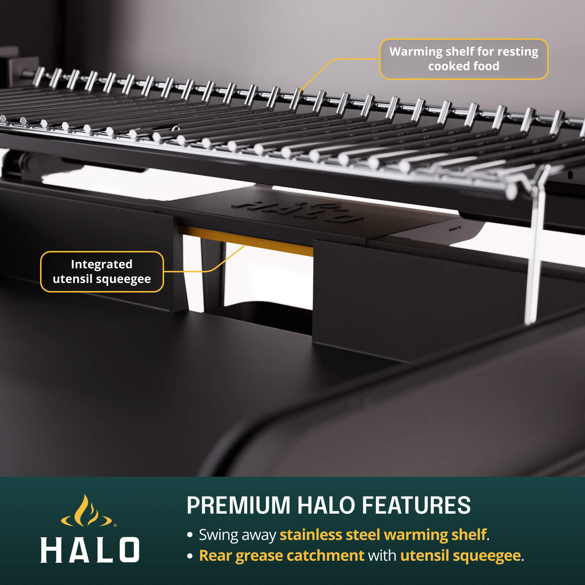 Closeup infographic of the HALO Elite 4B griddle detailing warming shelf and utensil squeegee