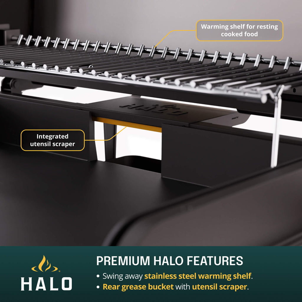 Infographic of HALO griddle featuring a stainless steel warming shelf and a rear grease trap with a built-in tool squeegee.