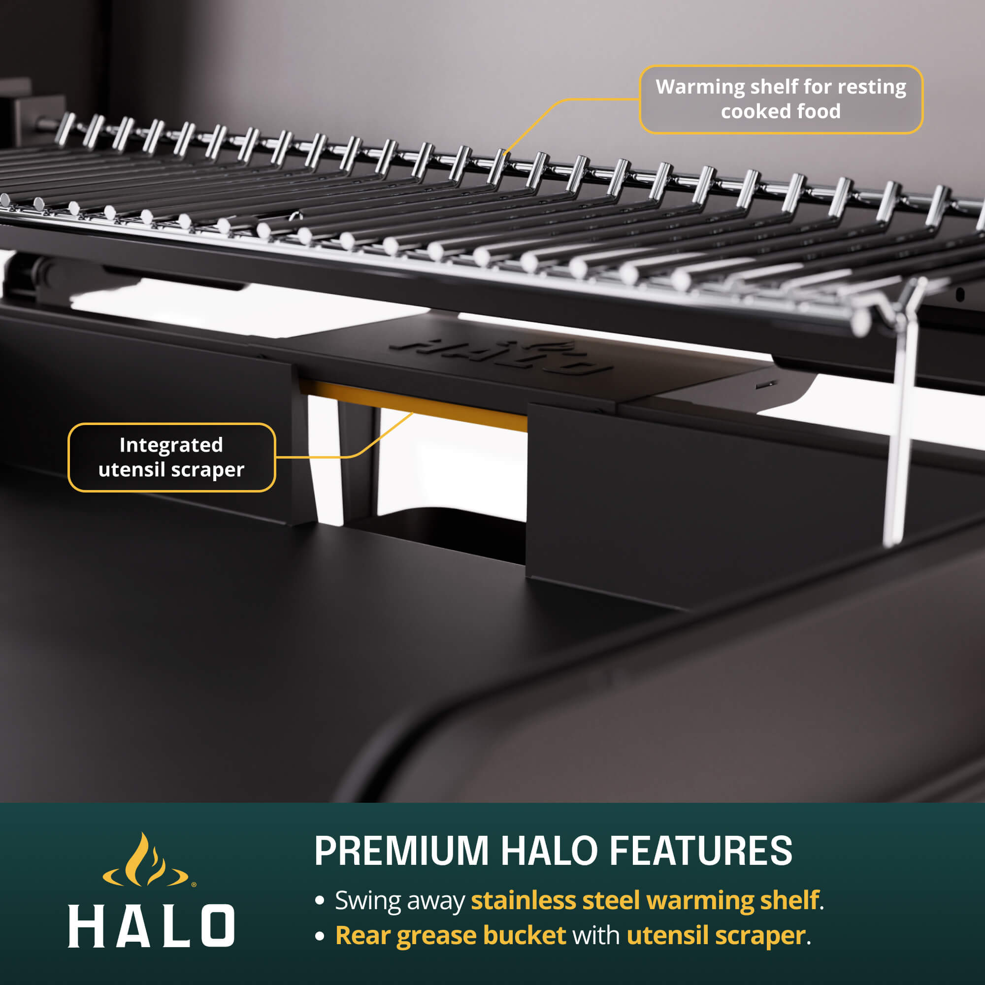 Infographic of HALO griddle featuring a stainless steel warming shelf and a rear grease trap with a built-in tool squeegee.