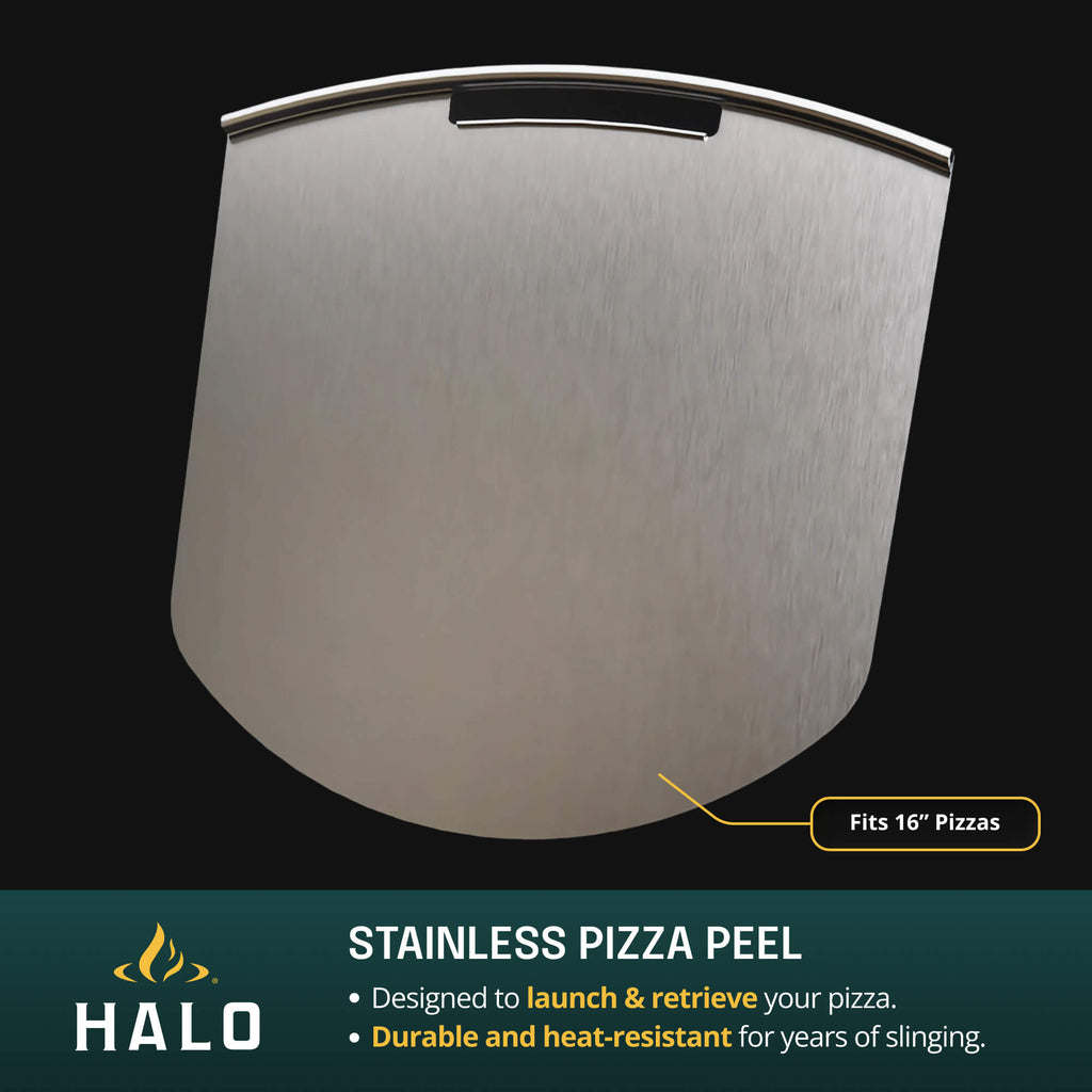 Stainless steel pizza peel with Halo branding on a black background