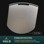 Stainless steel pizza peel with Halo branding on a black background