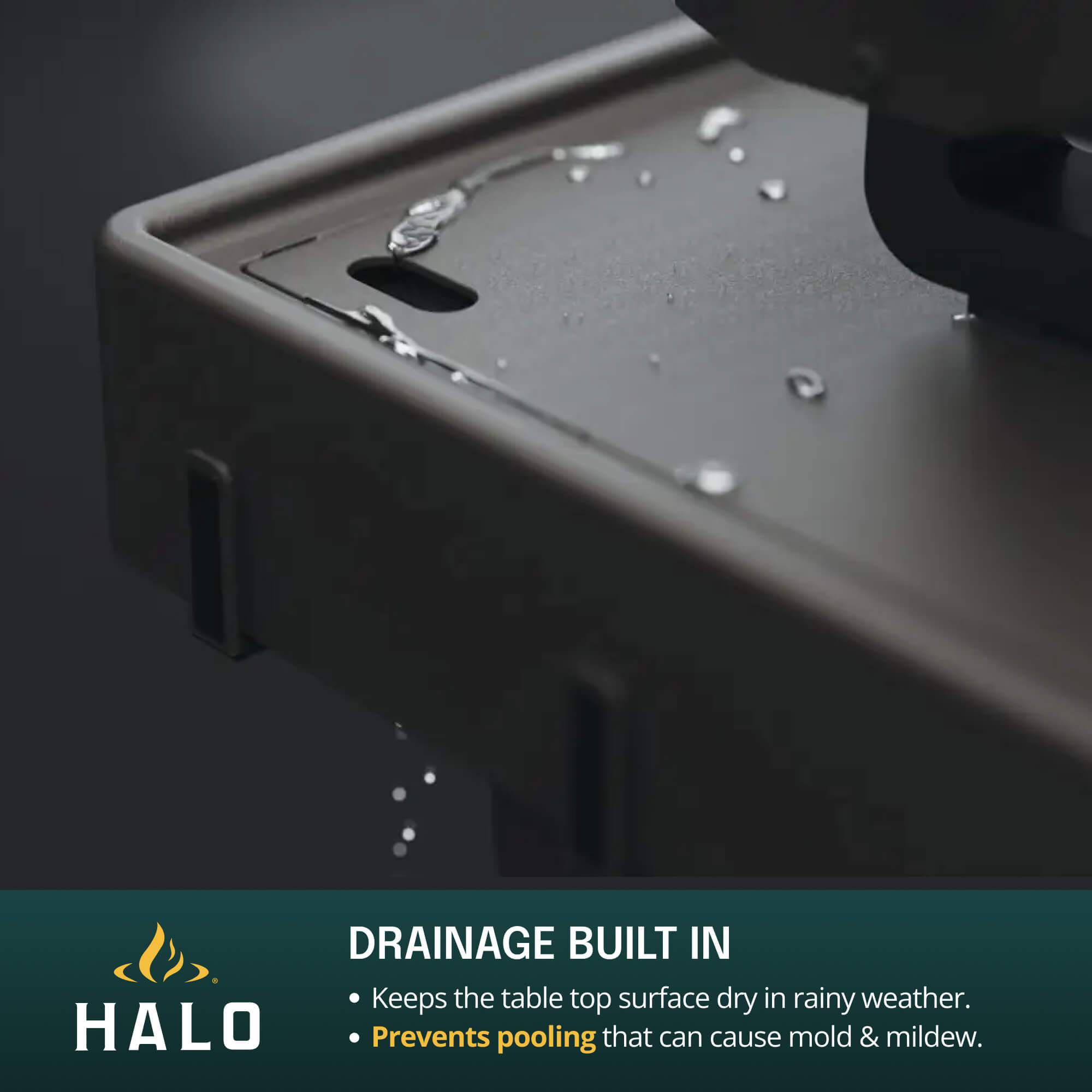 Close-up of the build in drainage feature on the HALO grill cart 