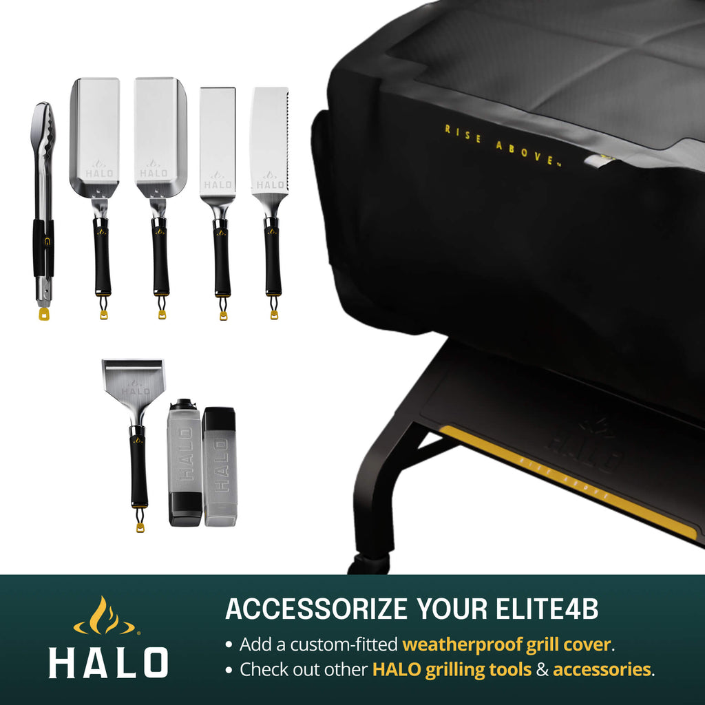 Infographic for the HALO Elite 4B griddle featuring a custom-fitted weatherproof grill cover and a professional 7-piece HALO grilling tool set