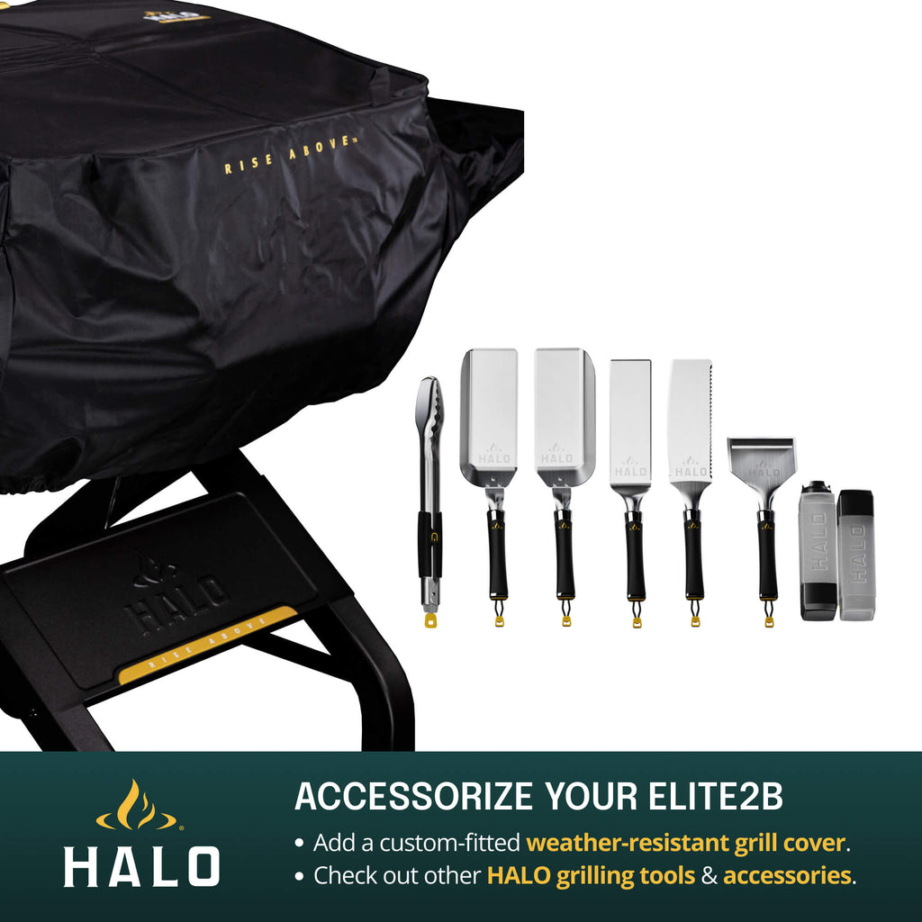 HALO Elite griddle graphic showing a custom-fitted weather-resistant cover and a professional stainless steel grilling tool set