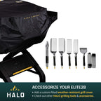 HALO Elite griddle graphic showing a custom-fitted weather-resistant cover and a professional stainless steel grilling tool set