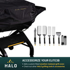 HALO Elite 3B graphic showing a custom-fitted weather-resistant grill cover and a professional stainless steel grilling tool set.