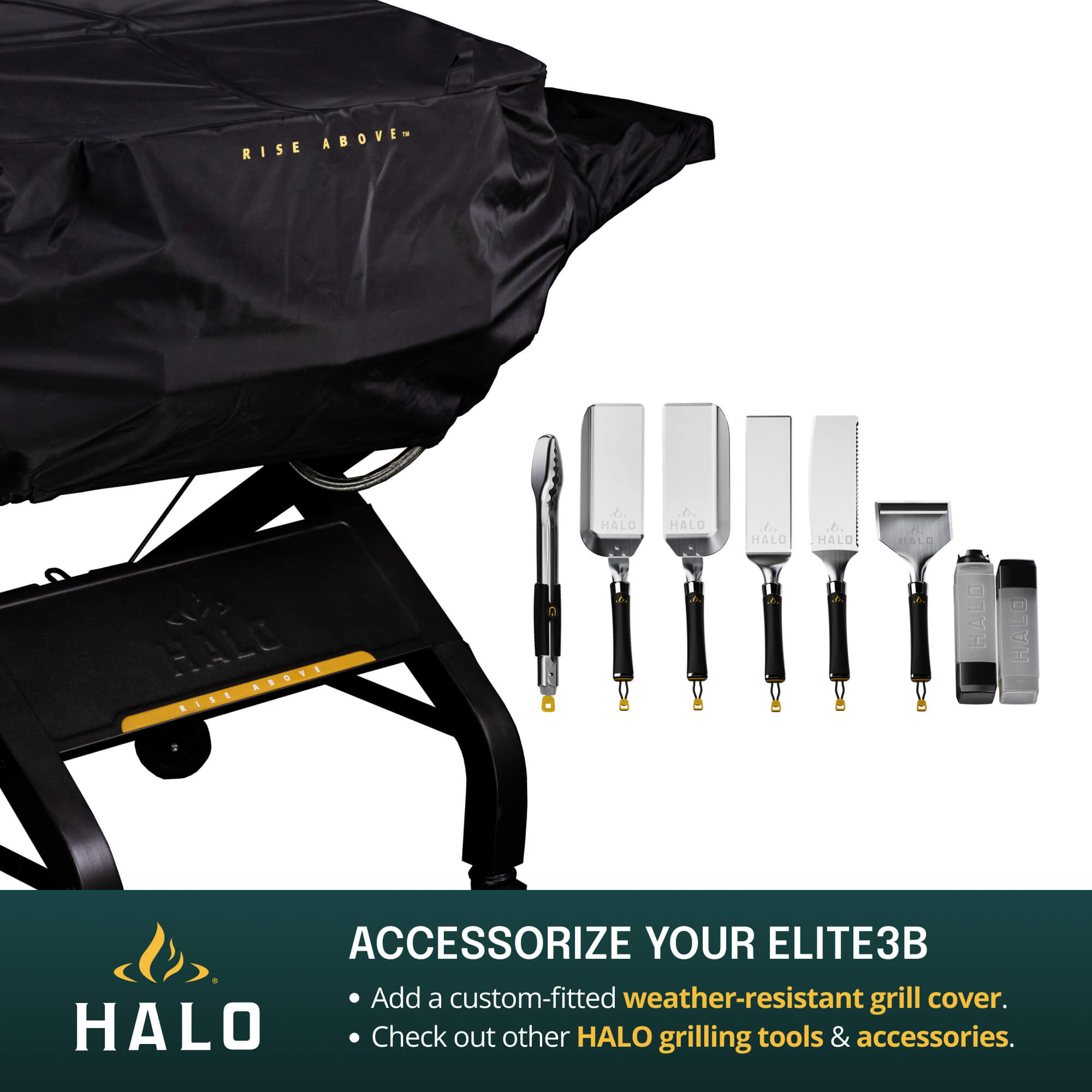 HALO Elite 3B graphic showing a custom-fitted weather-resistant grill cover and a professional stainless steel grilling tool set.