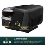 Black protective cover for a the 
HALO pizza ovenwith  'HALO' branding on a white background