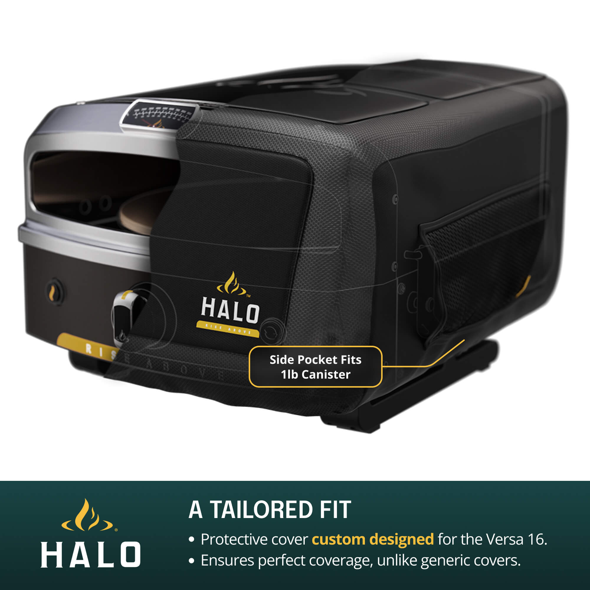 Black protective cover for a the 
HALO pizza ovenwith  'HALO' branding on a white background