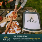 Overhead shot family sharing pizza made in a HALO Versa 16 oven using the cook and serve tool kit.
