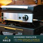 Infographic of the portable HALO Elite 1B griddle with callouts for a weather-resistant cover, a folding portable cart, and professional grilling tools.