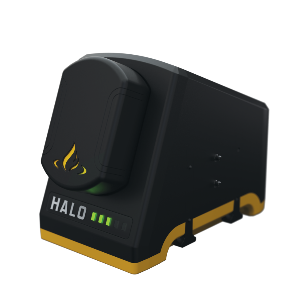 Black and yellow battery charging dock with green LED lights on a white background