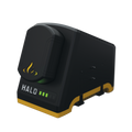 Black and yellow battery charging dock with green LED lights on a white background
