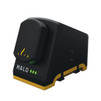 Black and yellow battery charging dock with green LED lights on a white background