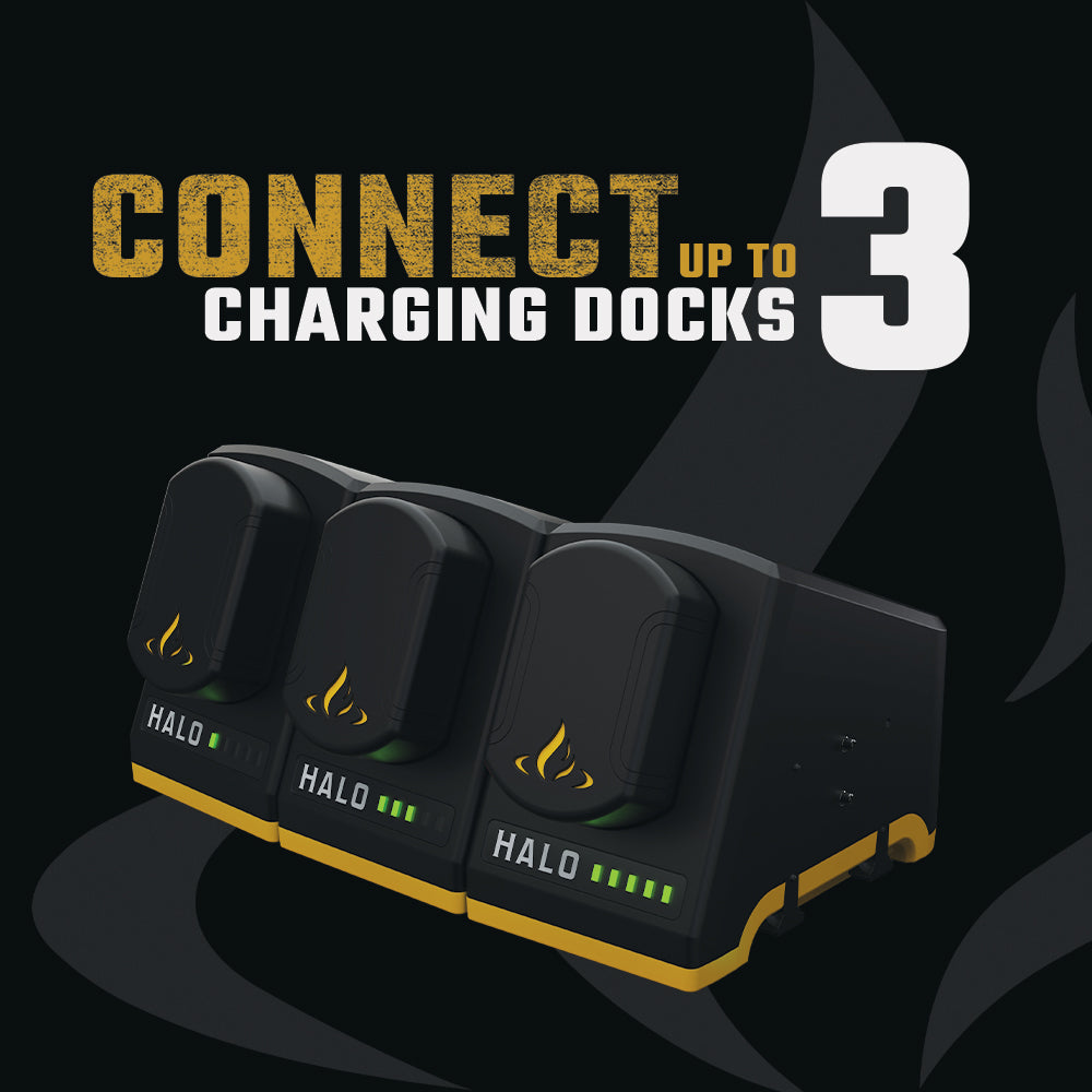 3 Halo charging docks displayed with 'Connect up to 3 Charging Docks' text on a dark background