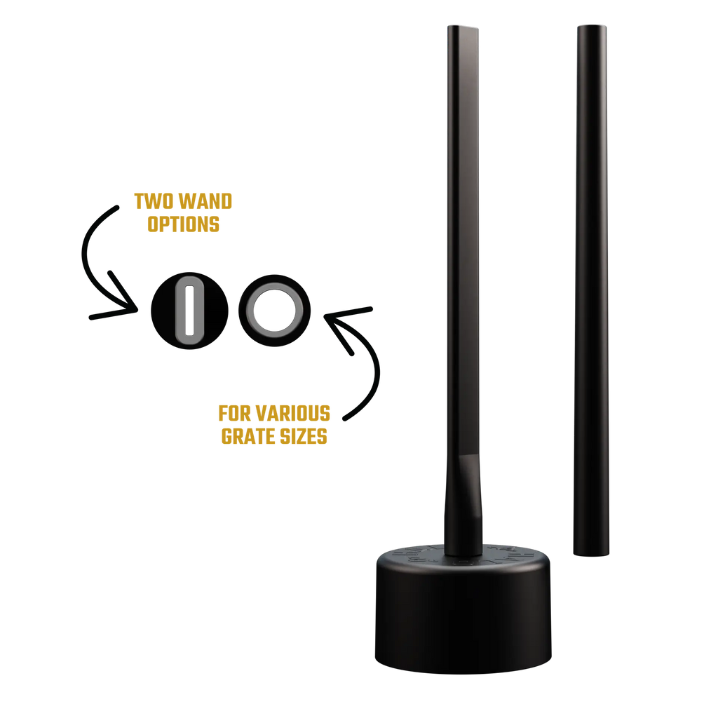 Product shot of the Burn Pot Attachment with two interchangeable wands designed to fit various pellet grill grate sizes.