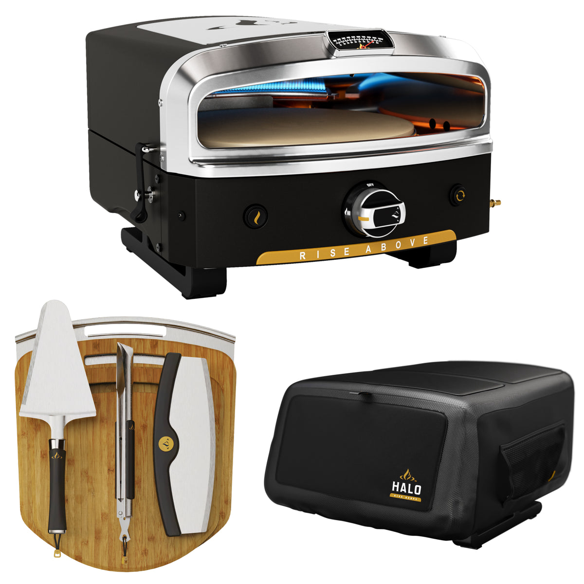 Collection of outdoor cooking equipment including a pizza oven, grill, and cutting board set on a white background.