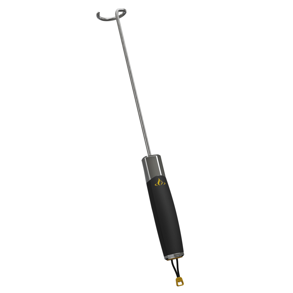 HALO stainless steel pigtail food flipper with a black handle on a white background