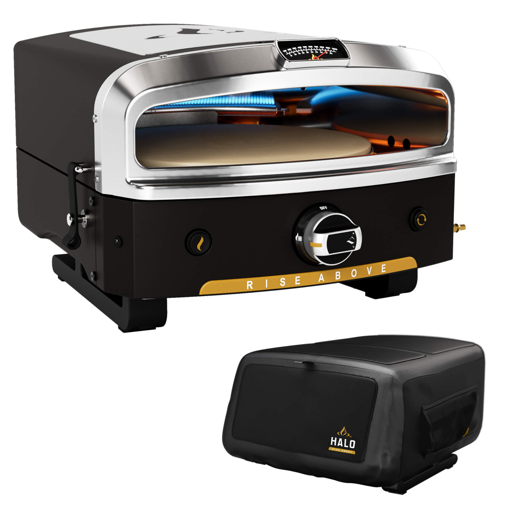 HALO Versa 16 portable pizza oven on a white background, featuring a custom-fit weather-resistant cover and signature HALO branding.