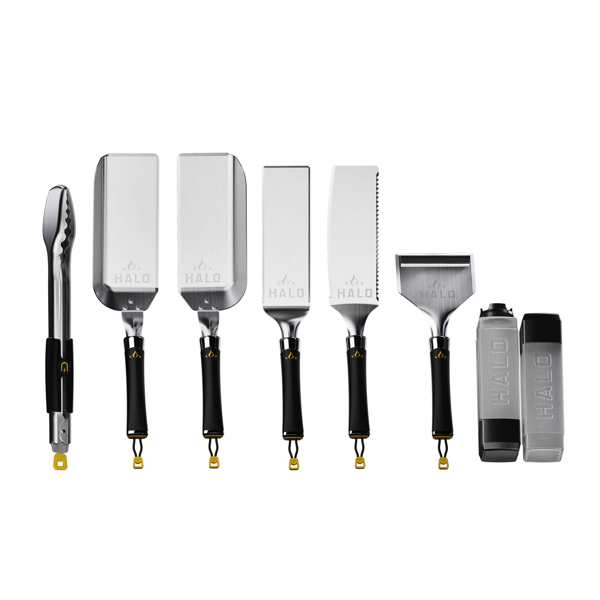 Eight-piece HALO Elite Griddle Kit featuring stainless steel spatulas, scoops, a squeegee scraper, tongs, and squeeze bottles with magnetic handles.