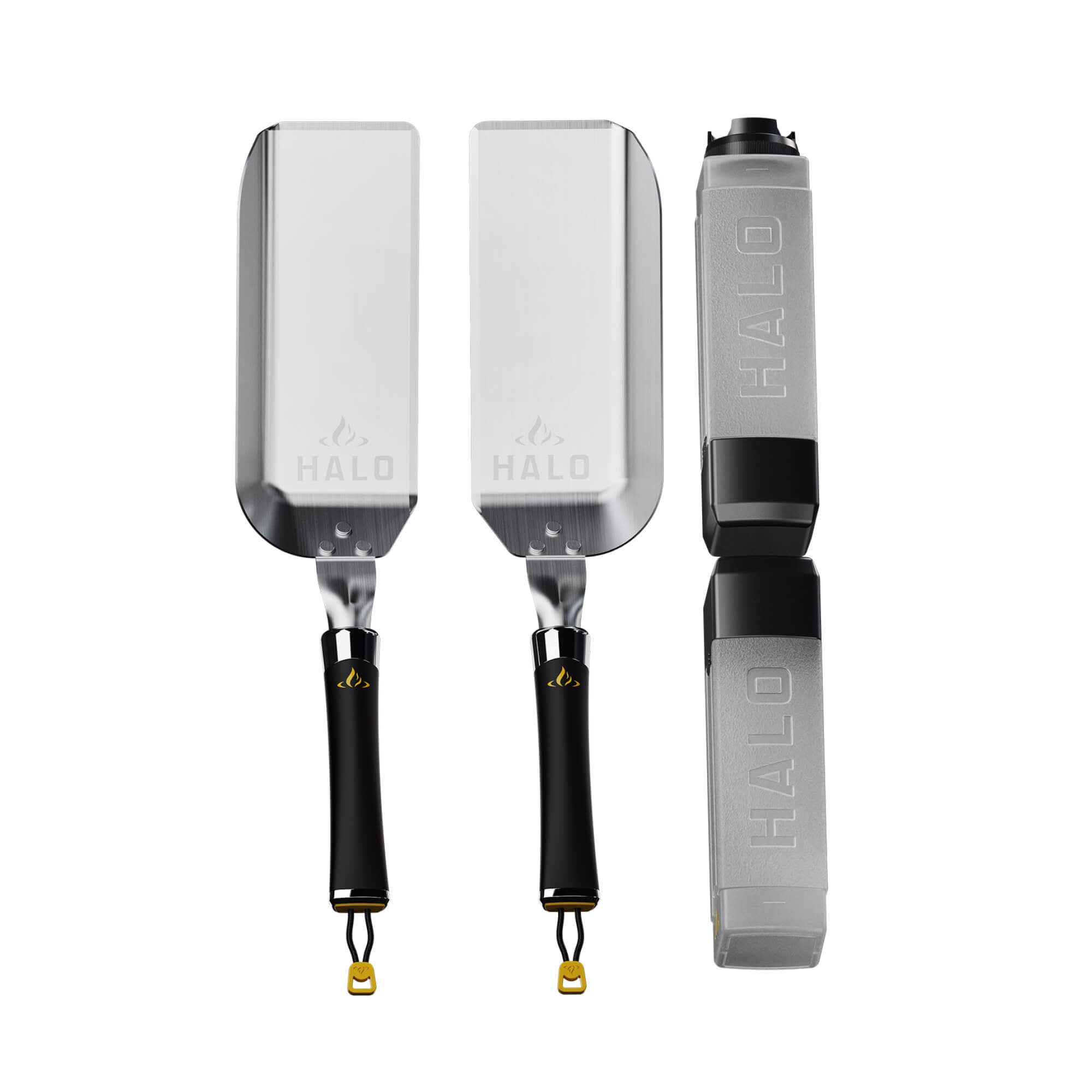 Four-piece HALO Elite Stir-Fry Griddle Kit on a white background, featuring two scoop spatulas and two 27oz squeeze bottles.