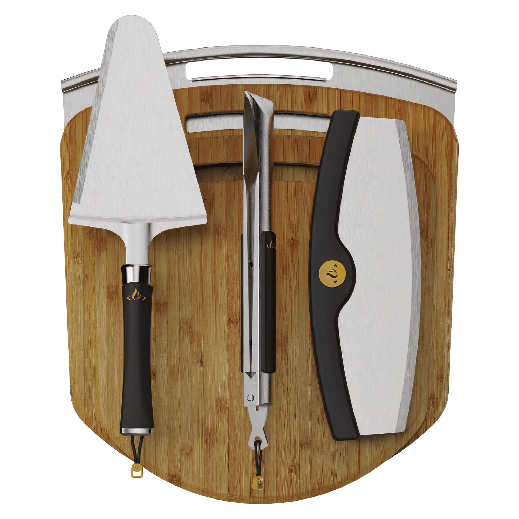 Six-piece HALO Cook + Serve Pizza Kit featuring two bamboo peels, one stainless steel peel, a mezzaluna cutter, tongs, and a universal server handle.