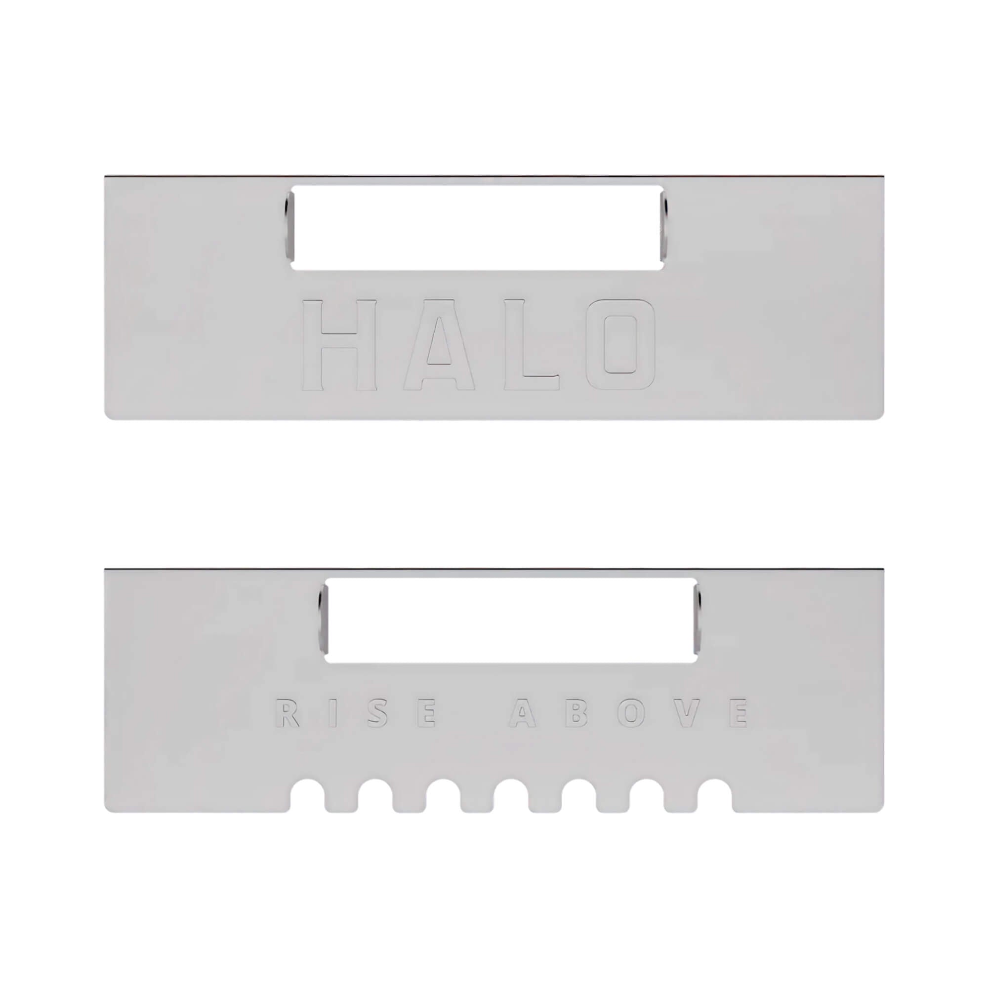 Two-pack of HALO Griddle Grease-Trap Gates on a white background, featuring one ridged and one solid gate.