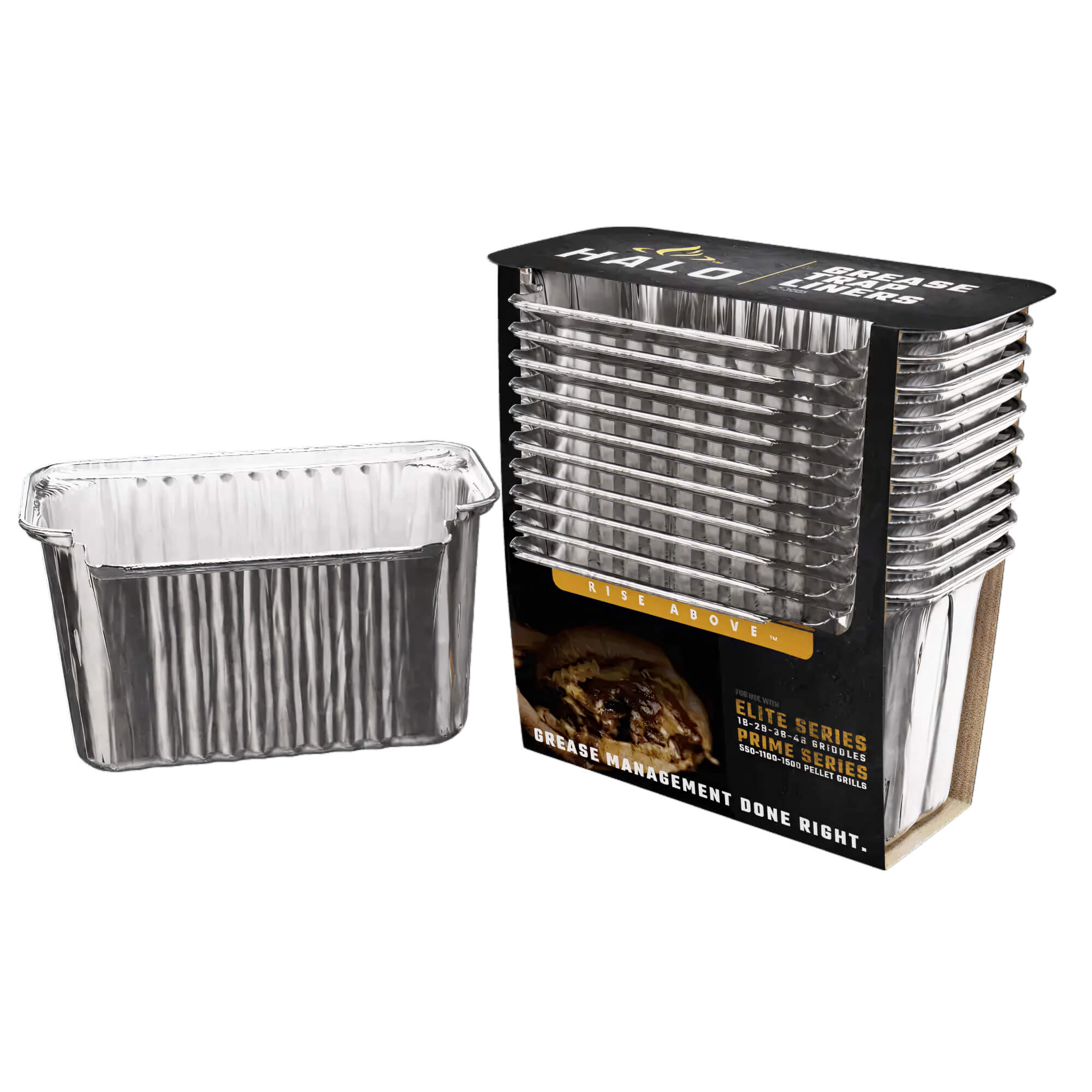 Ten-pack of HALO disposable grease container foil liners with lids for PRIME and ELITE series grills